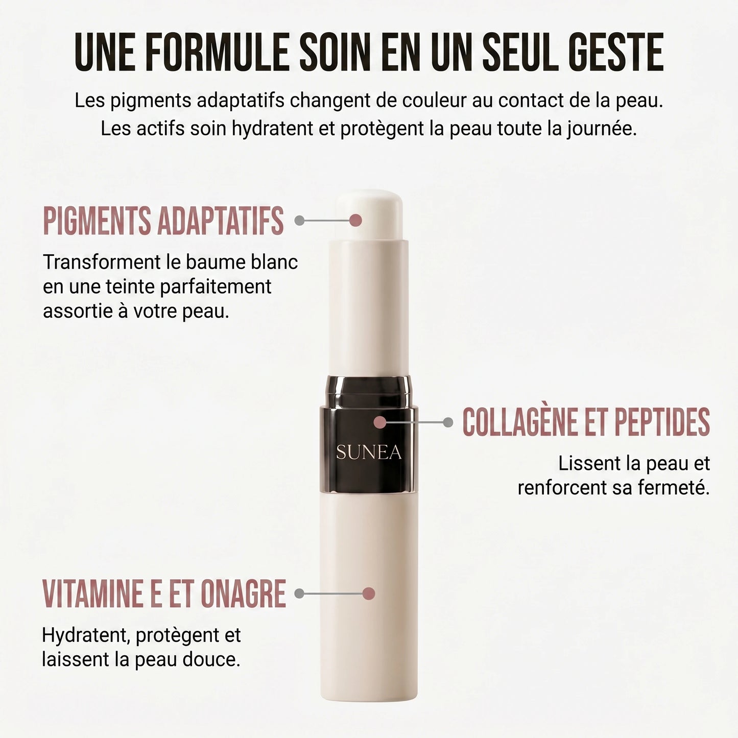 Actifs clés : pigments adaptatifs, collagène, peptides, vitamine E, onagre