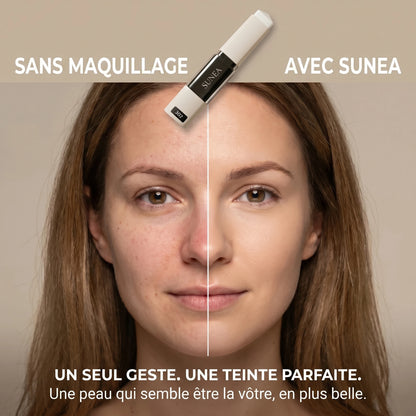 Sans maquillage vs. avec Sunea — un seul geste, un teint parfait