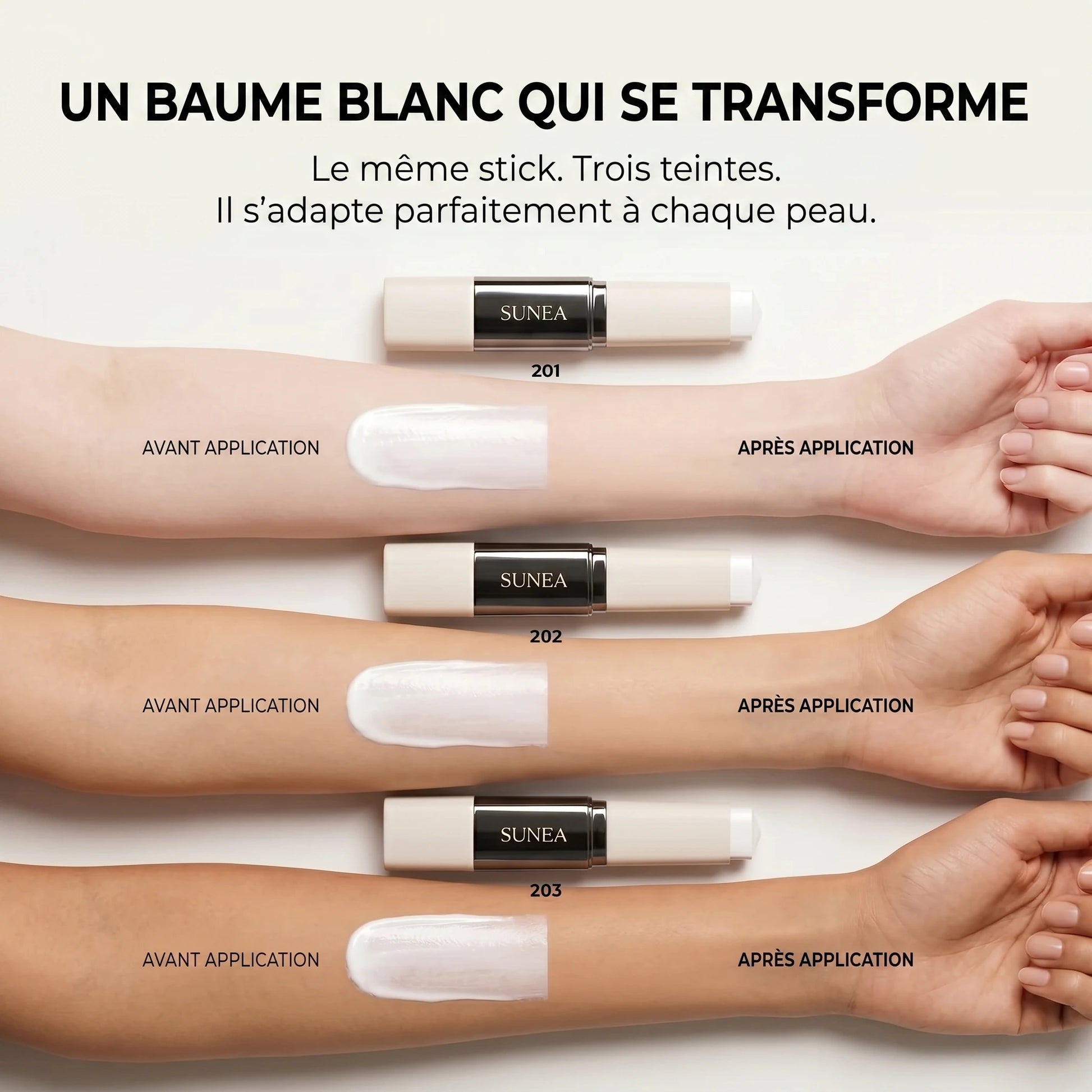 Une crème blanche qui se transforme — pigments adaptatifs sur trois types de peau