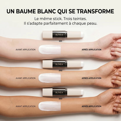 Une crème blanche qui se transforme — pigments adaptatifs sur trois types de peau