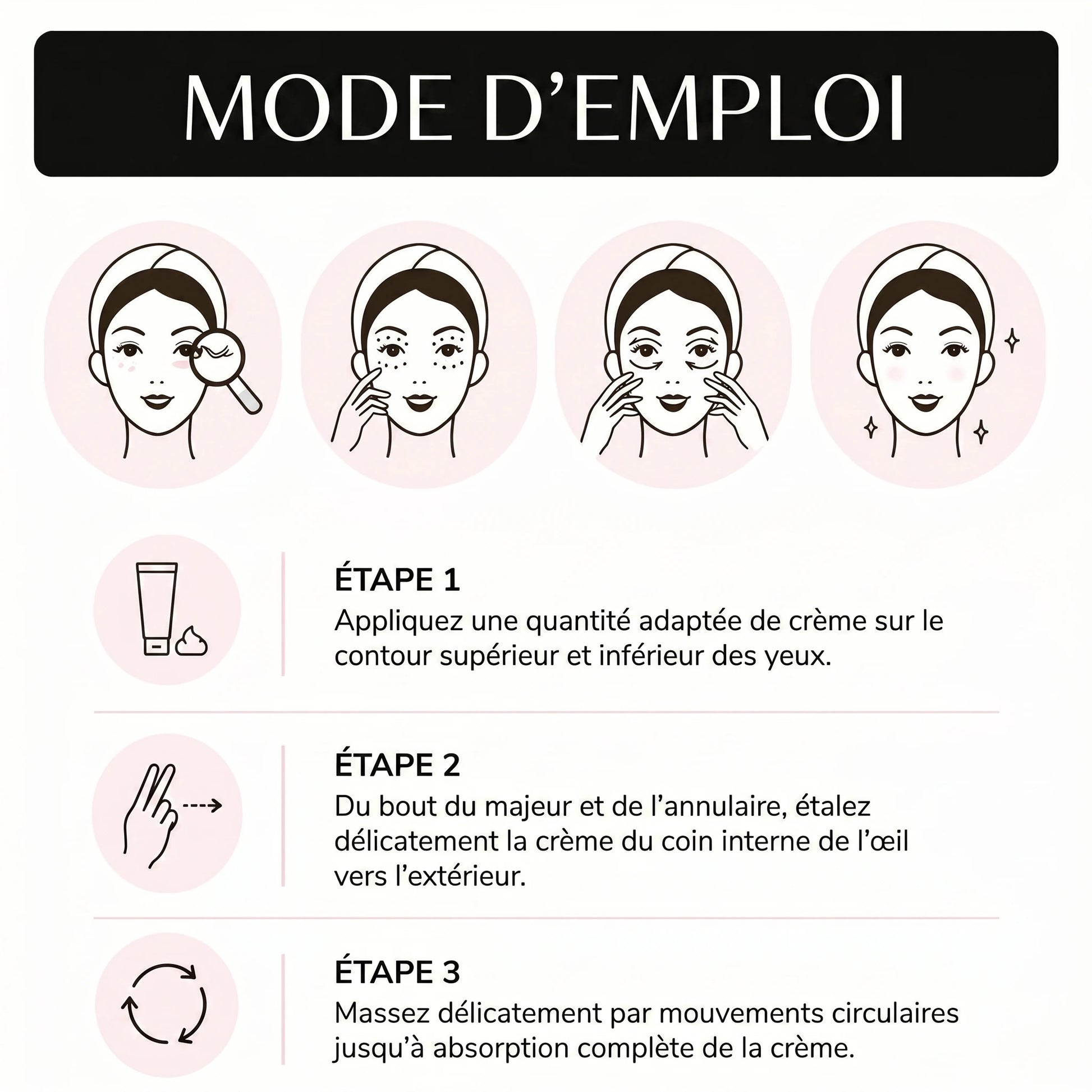 Mode d'emploi en 3 étapes — application de la crème contour des yeux