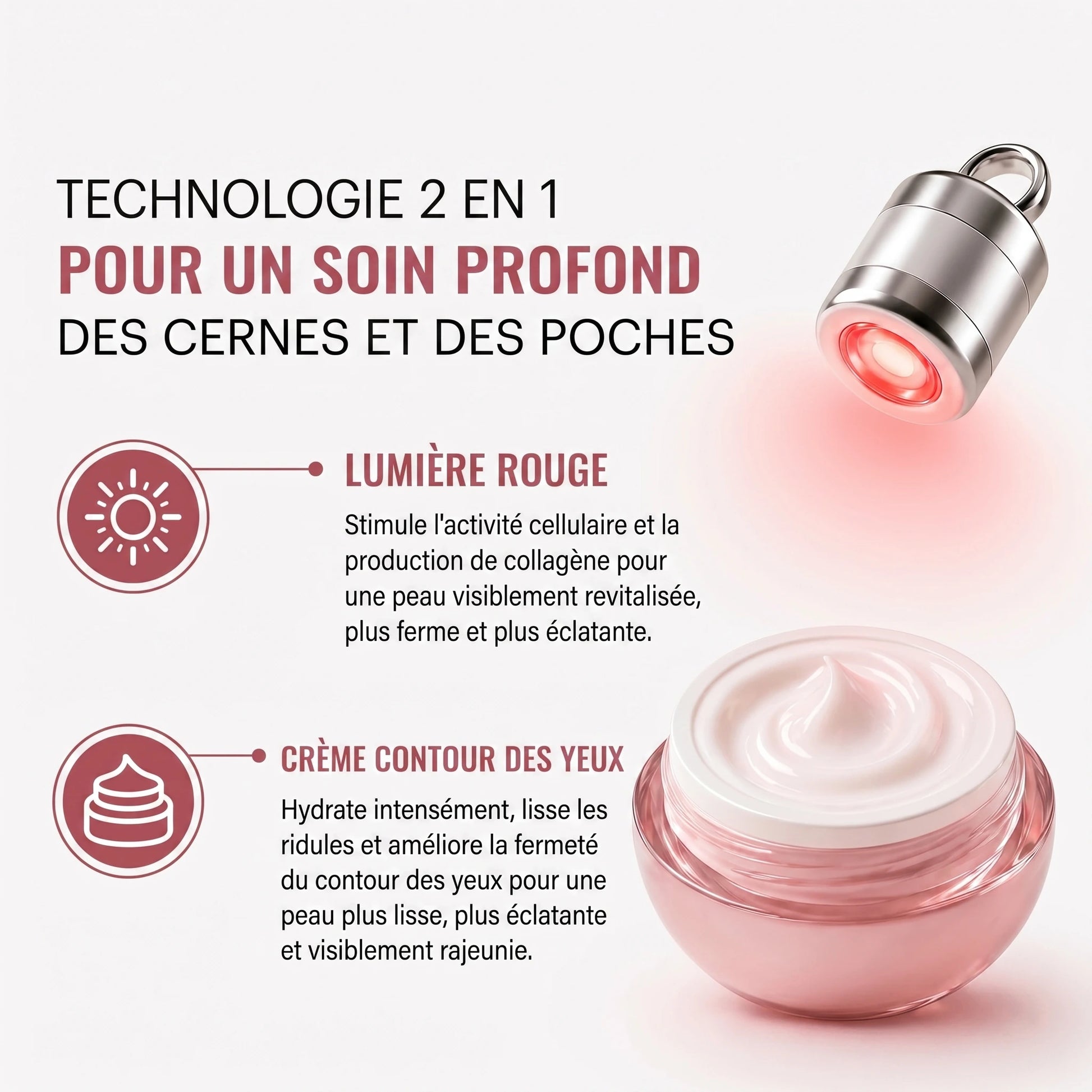 Technologie 2-en-1 : lumière rouge et crème contour des yeux contre cernes et poches