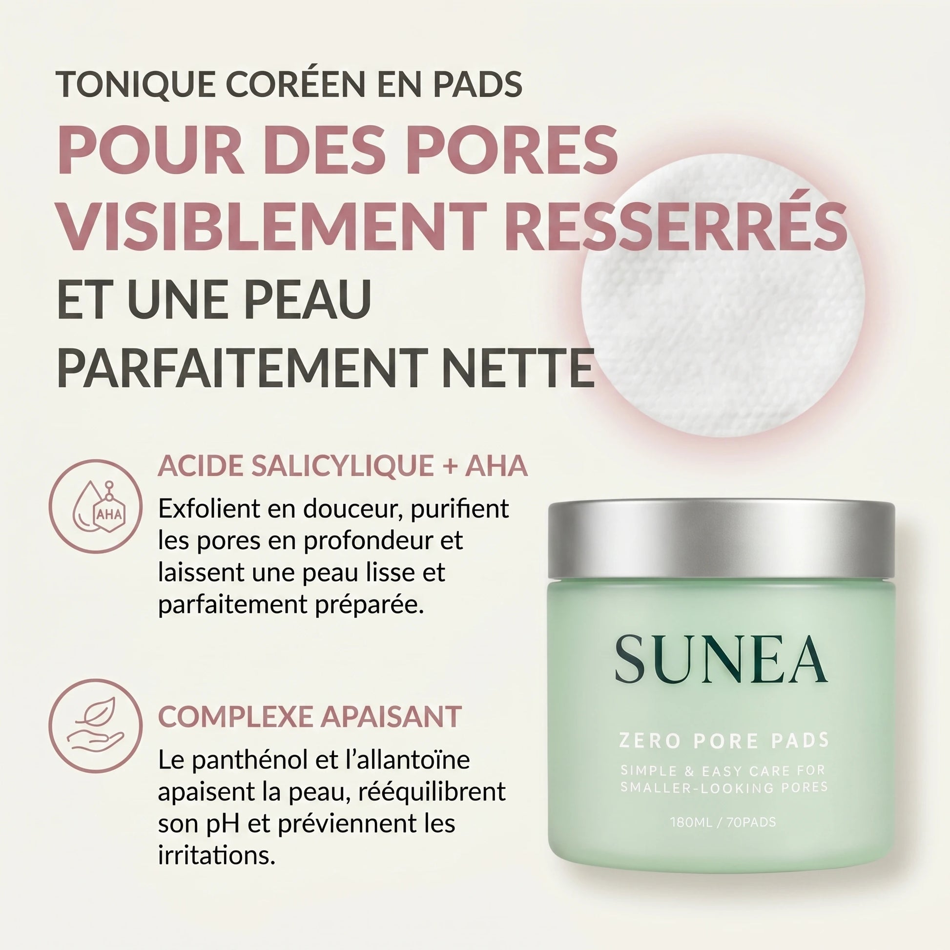 Tonique coréen imprégné dans le pad pour des pores visiblement réduits
