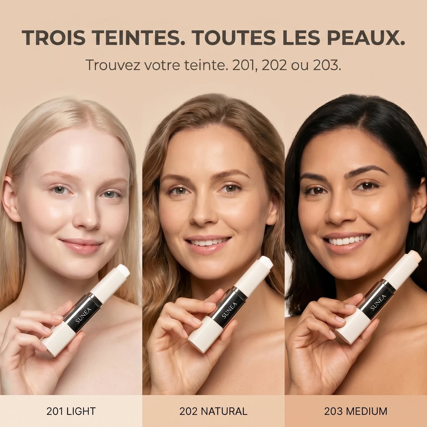Trois teintes pour chaque peau — 201 Light, 202 Natural, 203 Medium