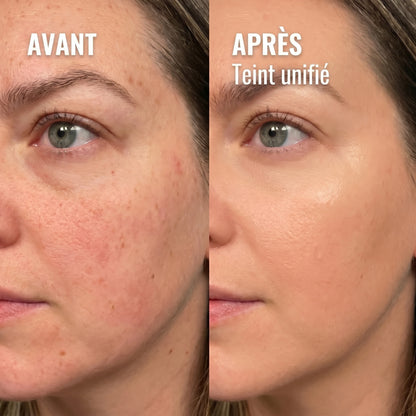 Détail de la peau — teint unifié après application du stick Sunea