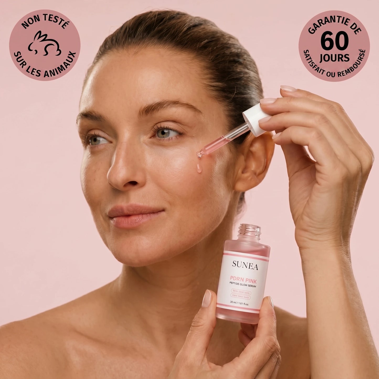 Femme appliquant le sérum SUNEA PDRN PINK — garantie 60 jours